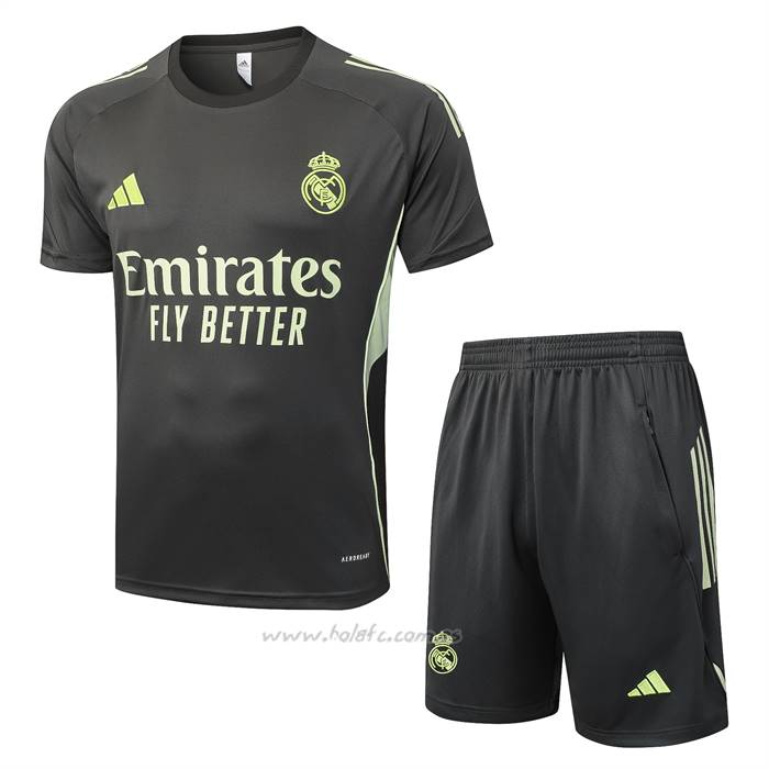 Chandal del Real Madrid Manga Corta 2025-2026 Gris Verde - Pantalon Corto
